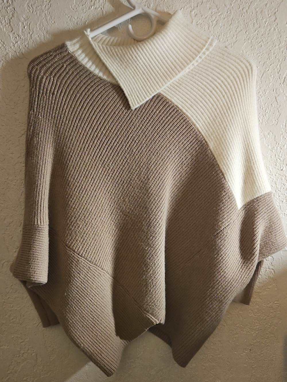 Cream and Taupe Ribbed Knit Women's Sweater Poncho